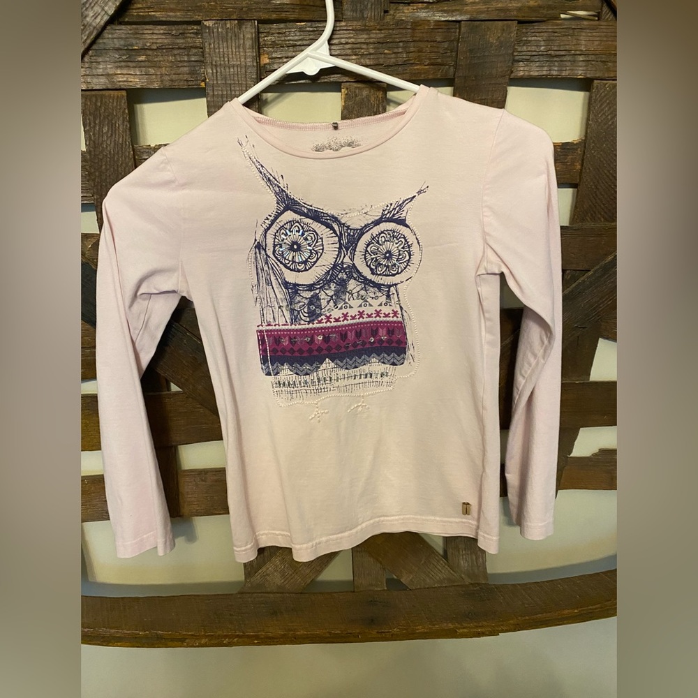 Screen print and embroidered owl shirt. Light pink.